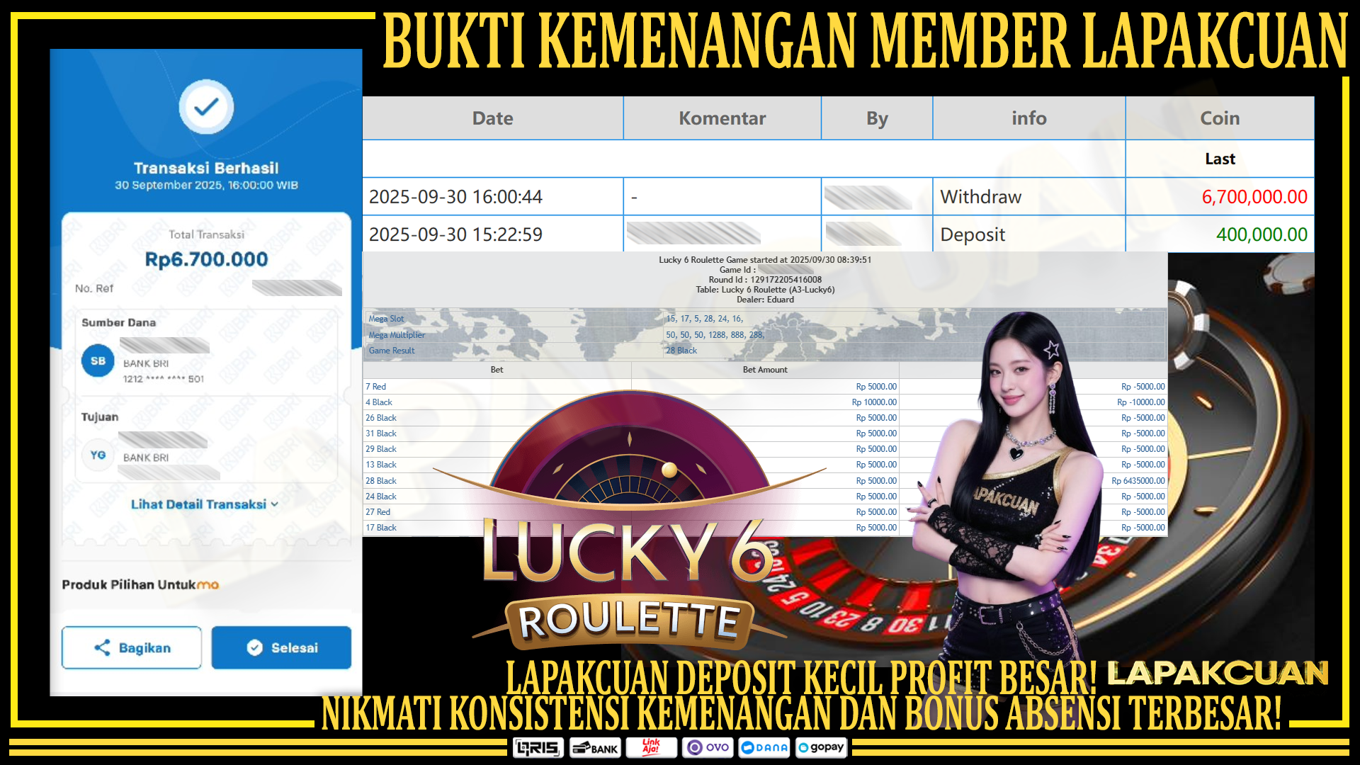 Bukti Kemenangan Besar di Live Game Pragmatic Play Lucky 6 Roulette di Lapakcuan