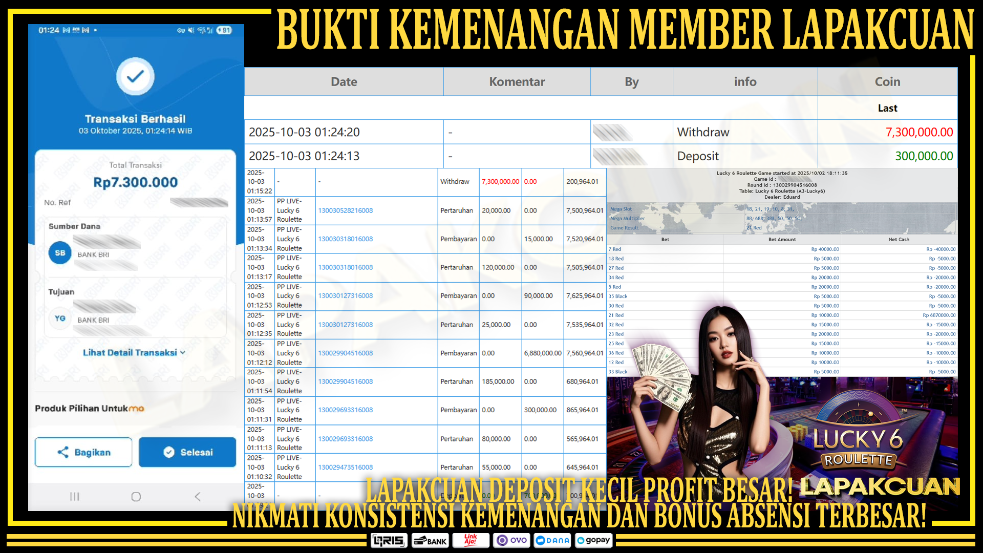 Lapakcuan – Bukti Kemenangan Besar Member Setia | Lucky 6 Roulette